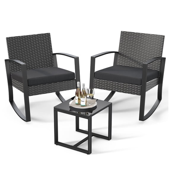 Noelse Patio Furniture Set 3 Pieces Outdoor Rocking Chairs Set with Glass Coffee Table for Garden, Bistro, Porch, Balcony, Backyard, Black Cushion