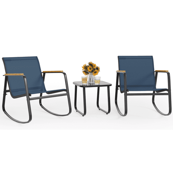 Noelse 3 Piece Outdoor Textilene Rocking Bistro Set, Patio Furniture Set with Heat-Resistant Armrests and Coffee Table for Porch, Balcony, Blue