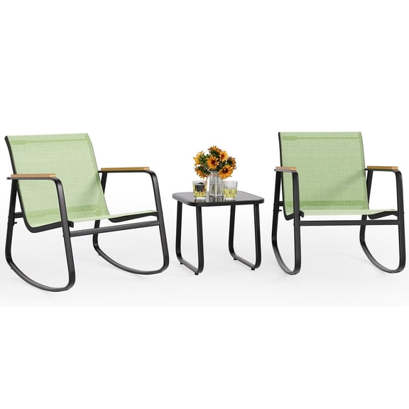 Noelse 3 Piece Outdoor Textilene Rocking Bistro Set, Patio Furniture Set with Heat-Resistant Armrests and Coffee Table for Porch, Balcony, Green