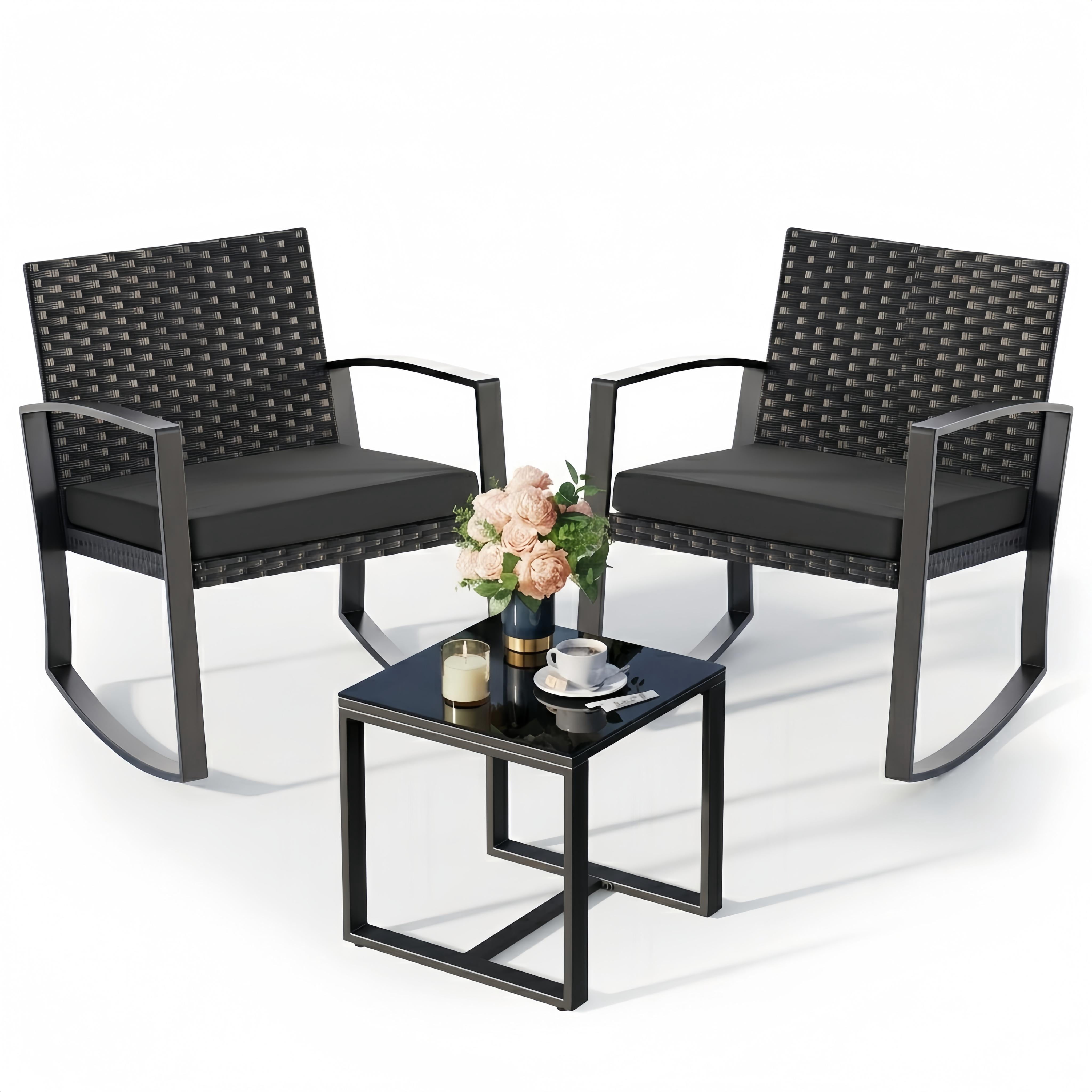 Noelse 3 Piece Wicker Rocking Chair Set, Outdoor Patio Furniture with Table and Cushions for Balcony, Black