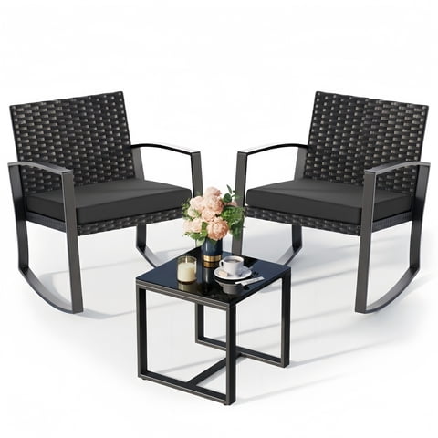 Noelse 3 Piece Wicker Rocking Chair Set, Outdoor Patio Furniture with Table and Cushions for Balcony, Black