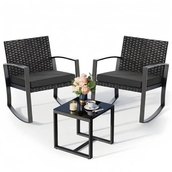 Noelse 3 Piece Wicker Rocking Chair Set, Outdoor Patio Furniture with Table and Cushions for Balcony, Black