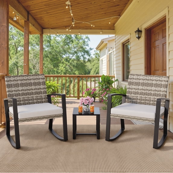 Noelse 3 Piece Wicker Rocking Chair Set, Outdoor Patio Furniture with Table and Cushions for Balcony, Light Gray