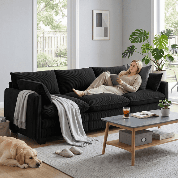 110'' 3 Seater Cloud Couch, Noelse Corduroy Sofa and Couches with Washable Cover, Comfy Deep-Seat Sofa with Double Cushion for Living Room Bedroom Apartment, Black