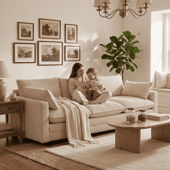 110'' 3 Seater Cloud Couch, Noelse Corduroy Couch with Washable Cover, Deep-Seat Straight Sofa with Double Cushion, 2 Throw Pillows for Living Room Bedroom Apartment, Beige