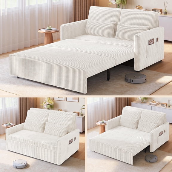 Noelse 3 in 1 Convertible Sofa Bed, Loveseat Sleeper Sofa Full Size Pull Out Couch for Living Room Bedroom Apartment, Beige