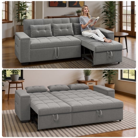 Noelse 3 in 1 Convertible Sofa Bed, Sectional Sleeper Sofa with Storage Armrest and 4-Level Adjustable Backrest, L-Shaped Couch for Living Room, Grey