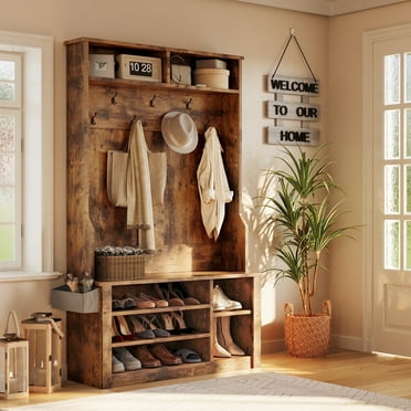 Noelse Entryway Hall Tree with Bench and Storage, 3 in 1 Hall Tree with Coat Rack and Shoe Storage, Adjustable Shoe Organizer, 2-Tier Storage Shelf for Hallway, Entryway, Rustic Brown