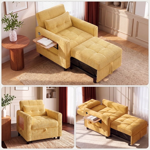 Noelse 3-in-1 Sleeper Chair Bed, Convertible Pull-Out Chair with Adjustable Backrest, USB Port & Foldable Side Table for Living Room, Yellow