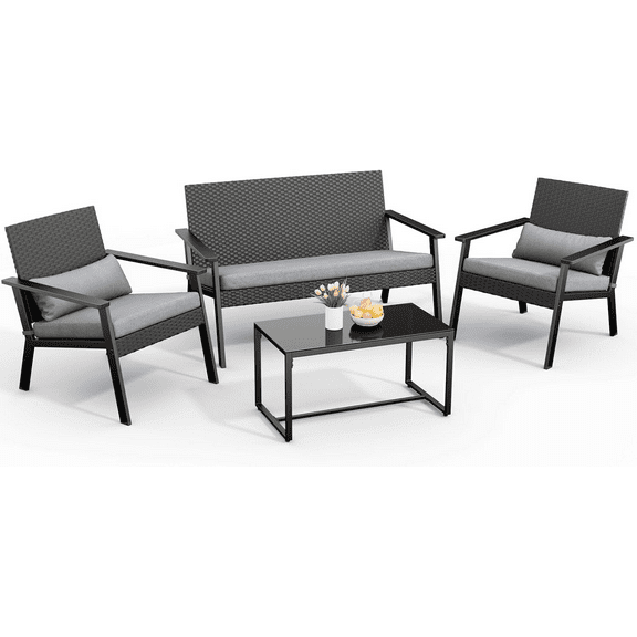 Noelse 4 Piece Outdoor Patio Furniture Set, Wicker Conversation Set with Cushions, All-Weather Rattan Chairs and Loveseat with Coffee Table for Backyard, Porch, Garden, Gray