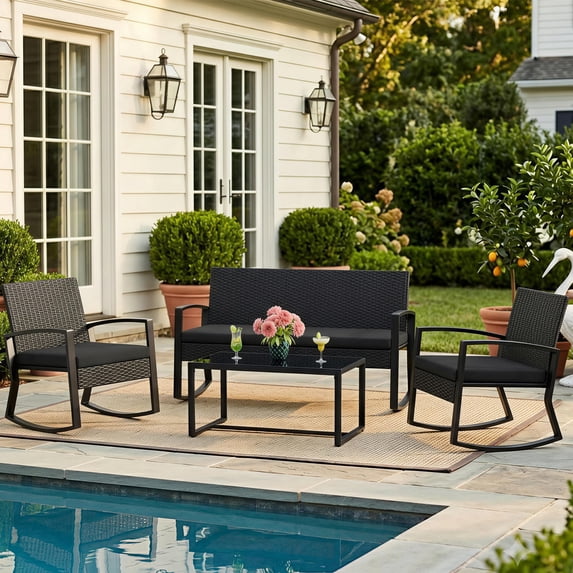 Noelse 4 Piece Patio Furniture Set, Outdoor Wicker Patio Furniture with Coffee Table and 2 Rocking Bistro Set for Backyard, Black