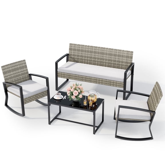 Noelse 4 Piece Patio Furniture Set, Outdoor Wicker Patio Furniture with Coffee Table and 2 Rocking Bistro Set for Backyard, Light Grey