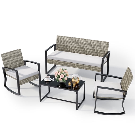 Noelse 4 Piece Patio Furniture Set, Outdoor Wicker Patio Furniture with Coffee Table and 2 Rocking Bistro Set for Backyard, Light Grey