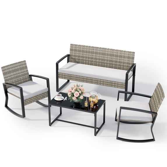Noelse 4 Piece Patio Furniture Set, Outdoor Wicker Patio Furniture with Coffee Table and 2 Rocking Bistro Set for Backyard, Light Grey