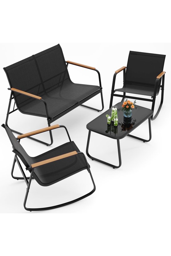 4 Piece Patio Furniture Set, Textilene Conversation Set with 2 Rocking Chairs and Coffee Table, Perfect for Outdoor Patio Lawn Garden Poolside, Black