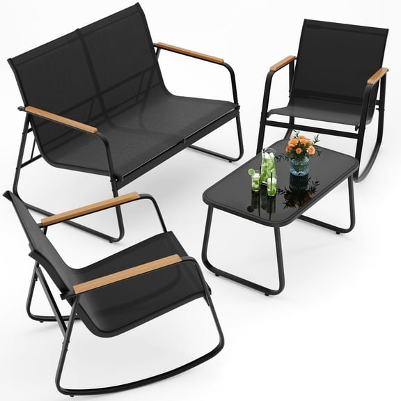 Noelse 4 Piece Patio Furniture Set, Textilene Conversation Set with 2 Rocking Chairs and Coffee Table, Perfect for Outdoor Patio Lawn Garden Poolside, Black