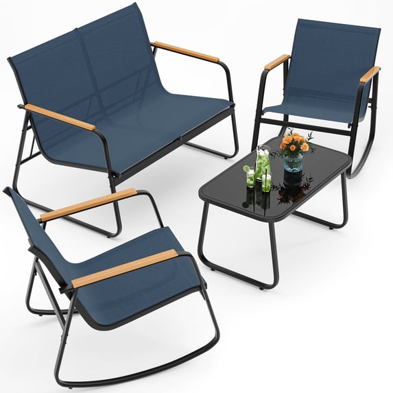 Noelse 4 Piece Patio Furniture Set, Textilene Conversation Set with 2 Rocking Chairs and Coffee Table, Perfect for Outdoor Patio Lawn Garden Poolside, Blue