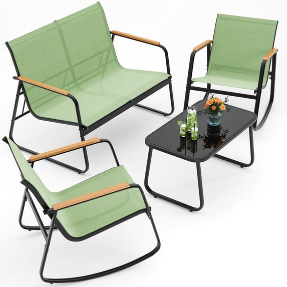 Noelse 4 Piece Patio Furniture Set, Textilene Conversation Set with 2 Rocking Chairs and Coffee Table, Perfect for Outdoor Patio Lawn Garden Poolside, Green
