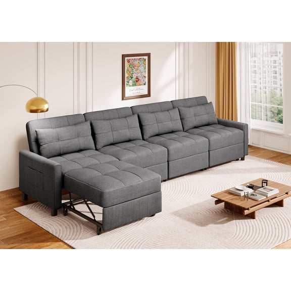 Noelse Pull Out Couch, Convertible Sofa Bed with Adjustable Backrest, 4 Seater Sectional Sleeper Sofa with Spring Support, for Apartment Living Room, Dark Grey