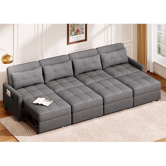 Noelse Pull Out Couch, Convertible Sofa Bed with Adjustable Backrest, 4 Seater Sectional Sleeper Sofa with Spring Support, for Apartment Living Room, Dark Grey