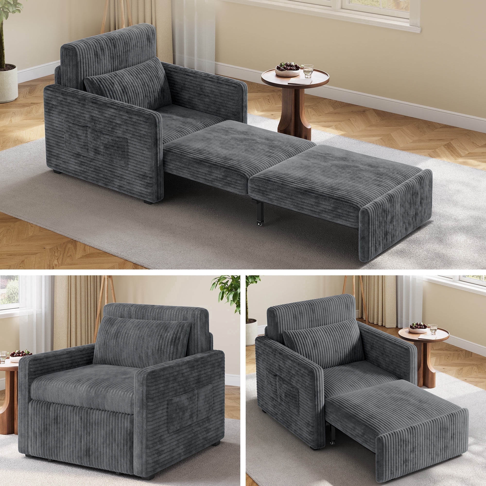 Noelse 3-in-1 Sleeper Chair Bed, Convertible Sofa Bed with Pull-Out Recliner, Corduroy Fabric Accent Chair, Dark Gray