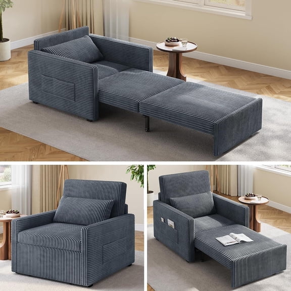 Noelse Sleeper Chair for Small Spaces, 3-in-1 Convertible Sofa Bed Chair, Pull Out Chair Bed with Storage Side Pockets, Corduroy Fabric, Dark Gray