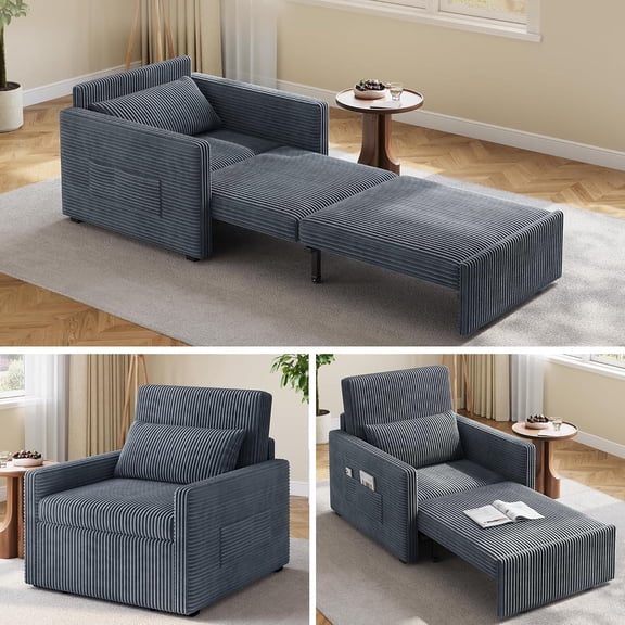 Noelse Sleeper Chair for Small Spaces, 3-in-1 Convertible Sofa Bed Chair, Pull Out Chair Bed with Storage Side Pockets, Corduroy Fabric, Dark Gray