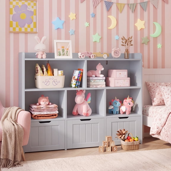 Noelse 47'' Toy Storage Cabinet and Kids Bookcase with 3 Movable Drawers and 6 Open Shelves Featuring Fall Prevention Barrier for Playroom Nursery Kids Room Organization, Gray