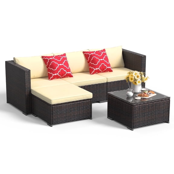 Noelse Patio Furniture Set, 5 Piece PE Rattan Outdoor Sectional Sofa Set with Coffee Table for Balcony, Porch, Beige