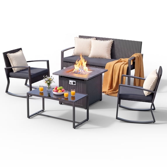 Noelse Patio Furniture Set with Fire Pit Table, 5 Piece Outdoor Wicker Conversation Set with Removable Cushions for Backyard, Black