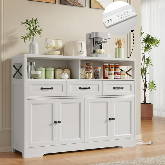 Noelse 51" Buffet Sideboard Cabinet with Charging Station, Coffee Bar with 3 Drawers, 4 Doors & Adjustable Shelves, Kitchen Storage Cabinet for Dining Room, Living Room, White