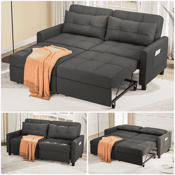 Noelse 58" Sleeper Sofa Bed, Pull-Out Couch with Adjustable Backrest and Side Pocket for Living Room, Dark Gray