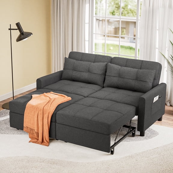 Noelse 58" Sleeper Sofa Bed, Pull-Out Couch with Adjustable Backrest and Side Pocket for Living Room, Dark Gray