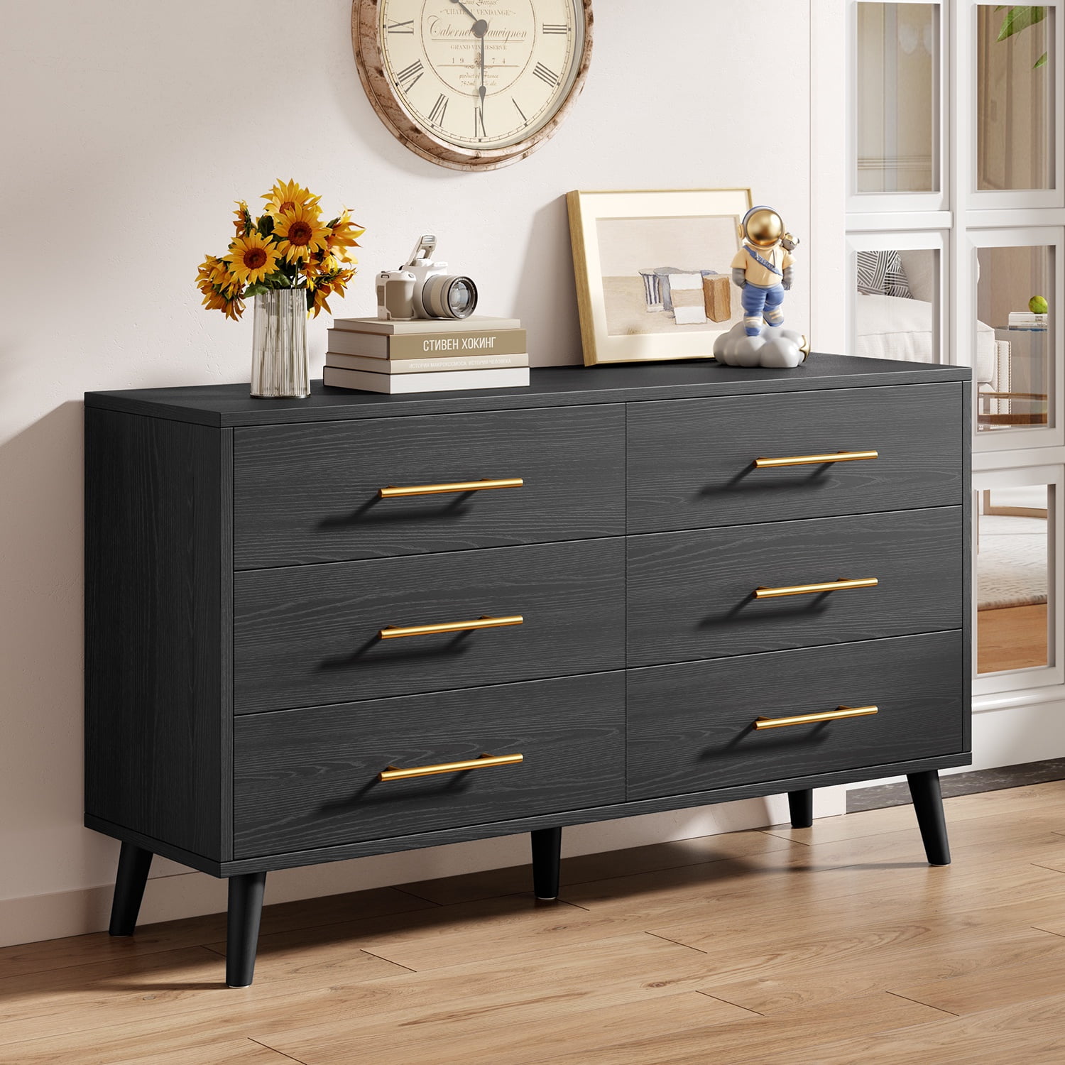 Noelse 6 Drawer Dresser with Metal Handles, Modern Black Dresser Storage Cabinet for Bedroom Home