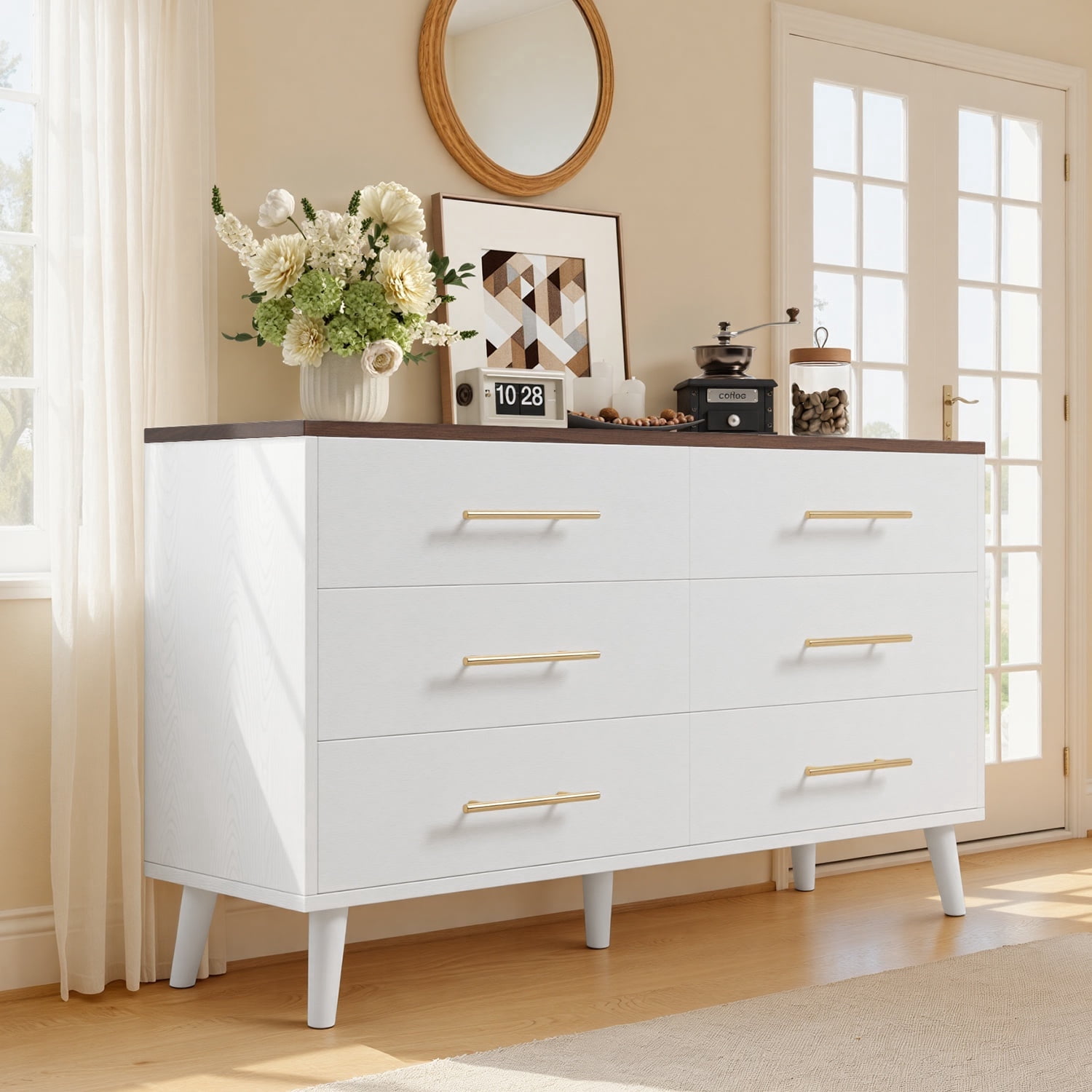 Noelse 6 Drawer Dresser with Metal Handles, Modern Storage Chest TV Stand for Bedroom, Rustic White