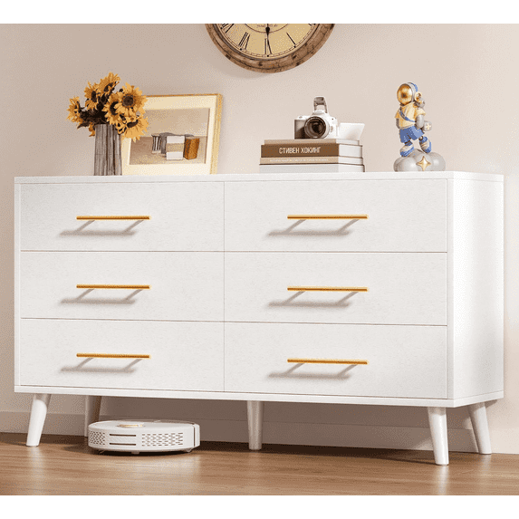 Noelse 6 Drawer Dresser with Metal Handles, Modern White Dresser Storage Cabinet for Bedroom Home