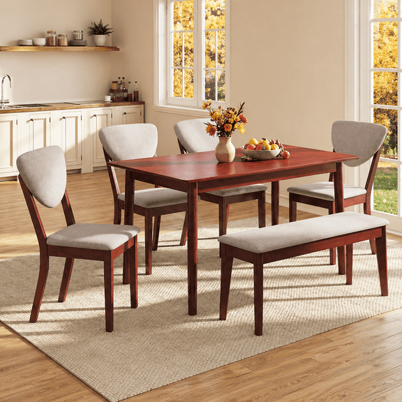Noelse 6 Piece Dining Table Set for 6, Mid-Century Modern Walnut Kitchen Table Set with Upholstered Chairs & Bench, Rubberwood Legs, Space-Saving Dining Room Set for Small Apartments