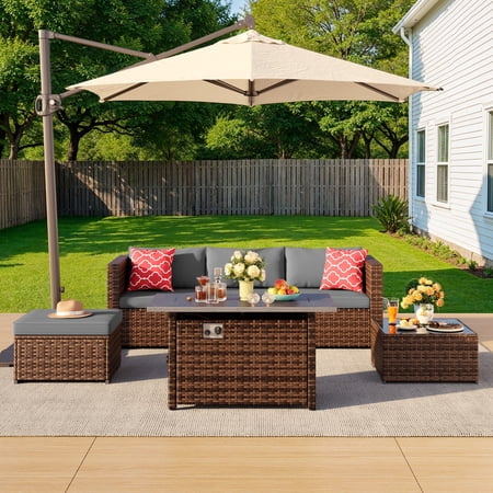 Noelse 6 Piece Outdoor Patio Furniture Set with 45" Propane 2 in 1 Fire Pit Table, Modular Rattan Sectional Sofa, Coffee Table, Outdoor Conversation Set for yard, Patio, Gray