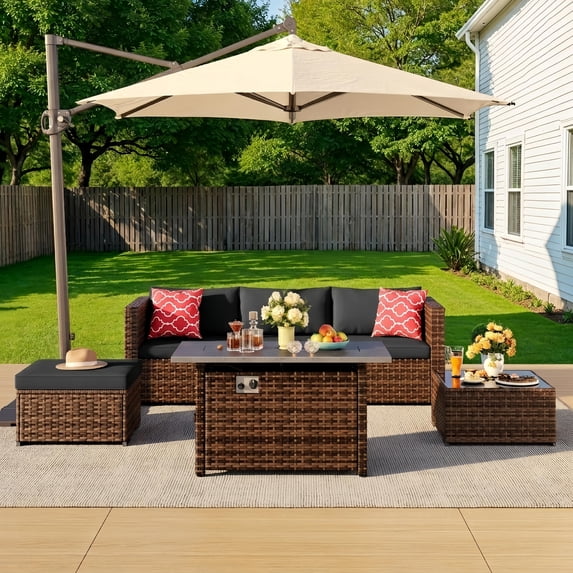 Noelse 6-Piece Patio Furniture Set with Fire Pit Table, PE Rattan Outdoor Conversation Sectional Sofa Set, Black