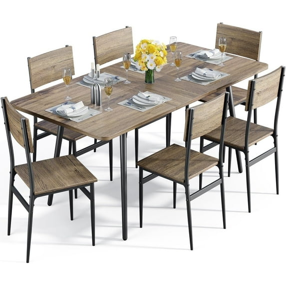 Noelse 63"Extendable Dining Table Set for 4-6 People, Metal Frame, MDF Wood Board, Kitchen Table Set with 6 Chairs, Gray