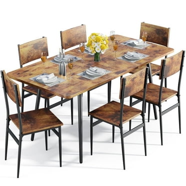 Noelse 63"Extendable Dining Table Set for 4-6 People, 7 Piece Kitchen Table Set with 6 Chairs for Small Spaces, Apartments, Rustic Brown