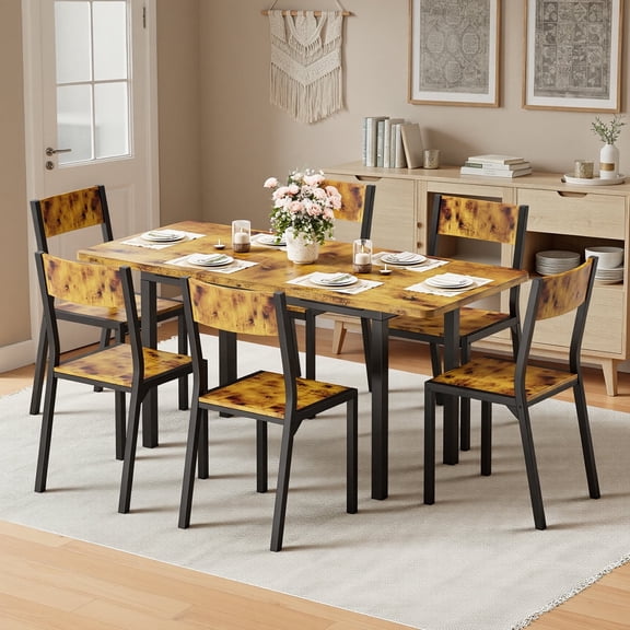 Noelse 63 Extendable Dining Table Set for 4-6 People, 7-Piece Dining Table Set for 6 People with 6 Chairs, MDF Wood Board Kitchen Table Set for Small Space and Apartment, Retro