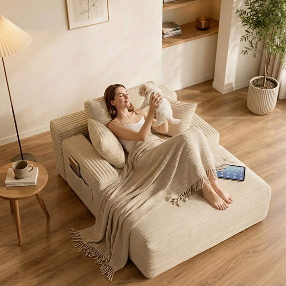 Noelse 67" Oversized Chaise Lounge Chair Indoor Furniture, Plush Corduroy Floor Sofa Bed with 3 Pillows, Deep Seat, No Assembly, Beige