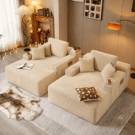 Noelse 67" Oversized Chaise Lounge Chair Indoor 2-Piece Set, Corduroy No Assembly Sofa for Reading, Beige