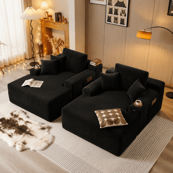 Noelse 67" Oversized Chaise Lounge Chair Indoor 2-Piece Set, Corduroy No Assembly Sofa for Reading, Black