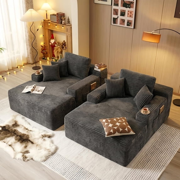 Noelse 67" Oversized Chaise Lounge Chair Indoor 2-Piece Set, Corduroy No Assembly Sofa for Reading, Gray