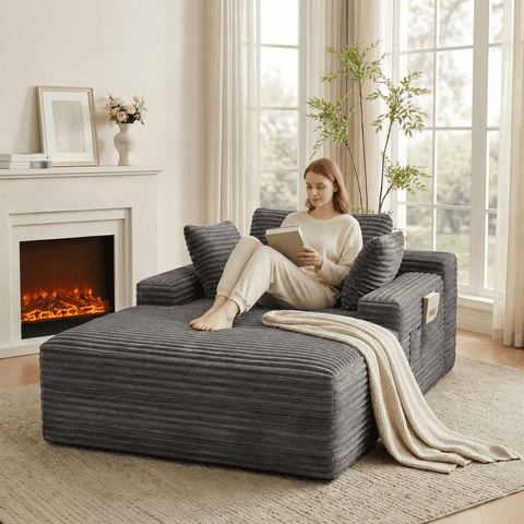 Noelse 67" Oversized Chaise Lounge Chair Indoor Furniture, Plush Corduroy Floor Sofa Bed with 3 Pillows, Deep Seat, No Assembly, Gray