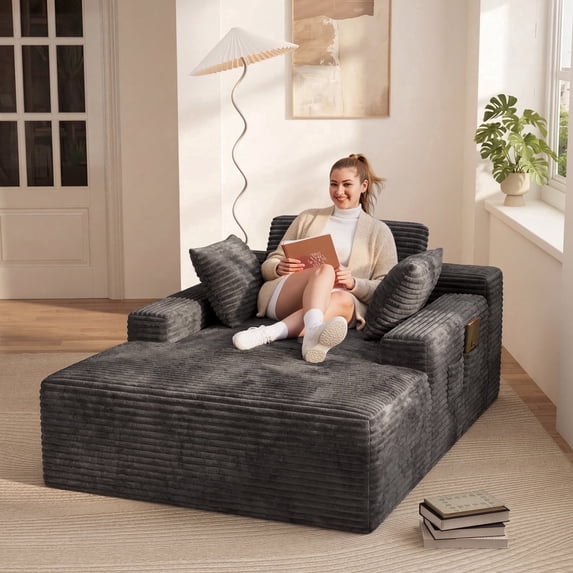 Noelse 67" Oversized Chaise Lounge, Corduroy Floor Sofa with Pillows, Deep Seat Comfort for Living Room, Gray