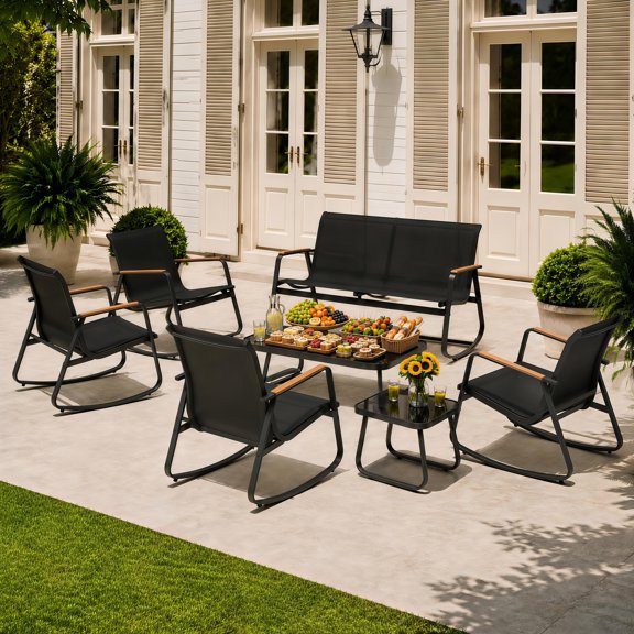 Noelse 7 Piece Outdoor Patio Furniture Set, Textilene Rocking Chair Set with Bench, 4 Rocking Chairs, Glass Coffee Tables for Porch, Lawn & Garden, Black