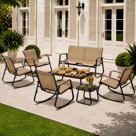 Noelse 7 Piece Outdoor Patio Furniture Set, Textilene Rocking Chair Set with Bench, 4 Rocking Chairs, Glass Coffee Tables for Porch, Lawn & Garden, Brown